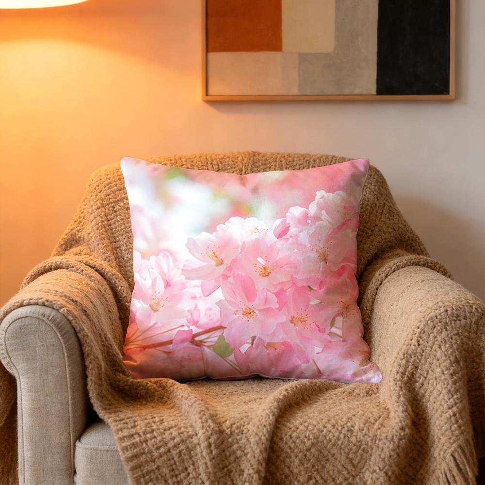 1Pcs Cushion Cover, With Close-Up Of Pink Cherry Blossoms, Dense Petals, Soft And Romantic Tone, Same Print On Both Sides, Sof