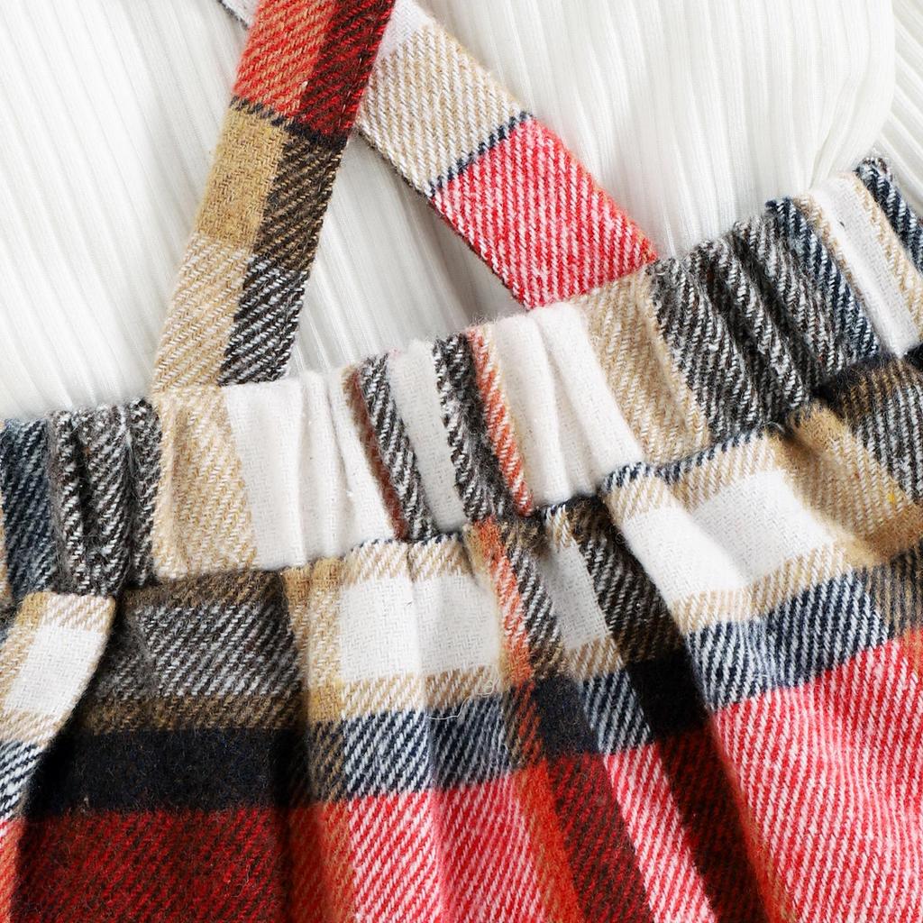 Zestaw ubranek wiosennych dla malucha dziewczynki, jednokolorowy prążkowany kombinezon z długimi rękawami i nadrukiem w kratę spódnica z szelkami + opaska na głowę