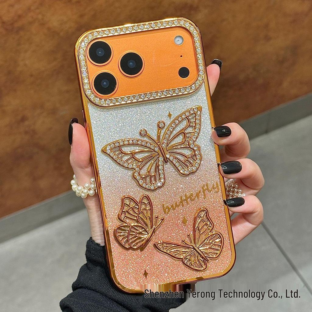 3D Shining Rhinestone Butterfly Case for iPhone 17 Pro Max Electroplated Glitter Protective Cover
