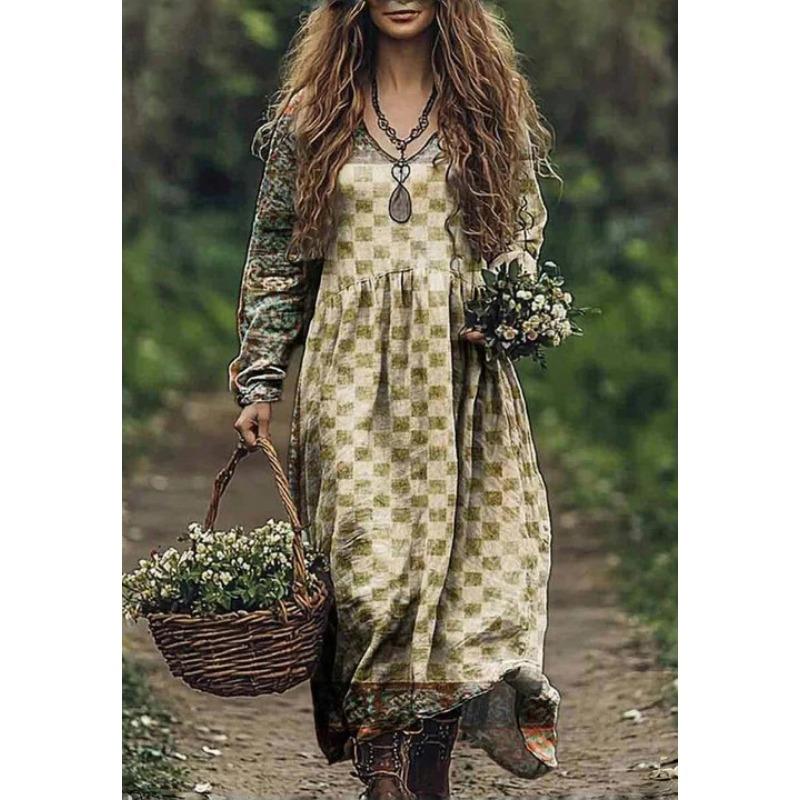 

DAFIFY Женская мода Весна Осень Цветочный принт Длинный рукав V-образный вырез Свободная талия Повседневные платья XXXXXL