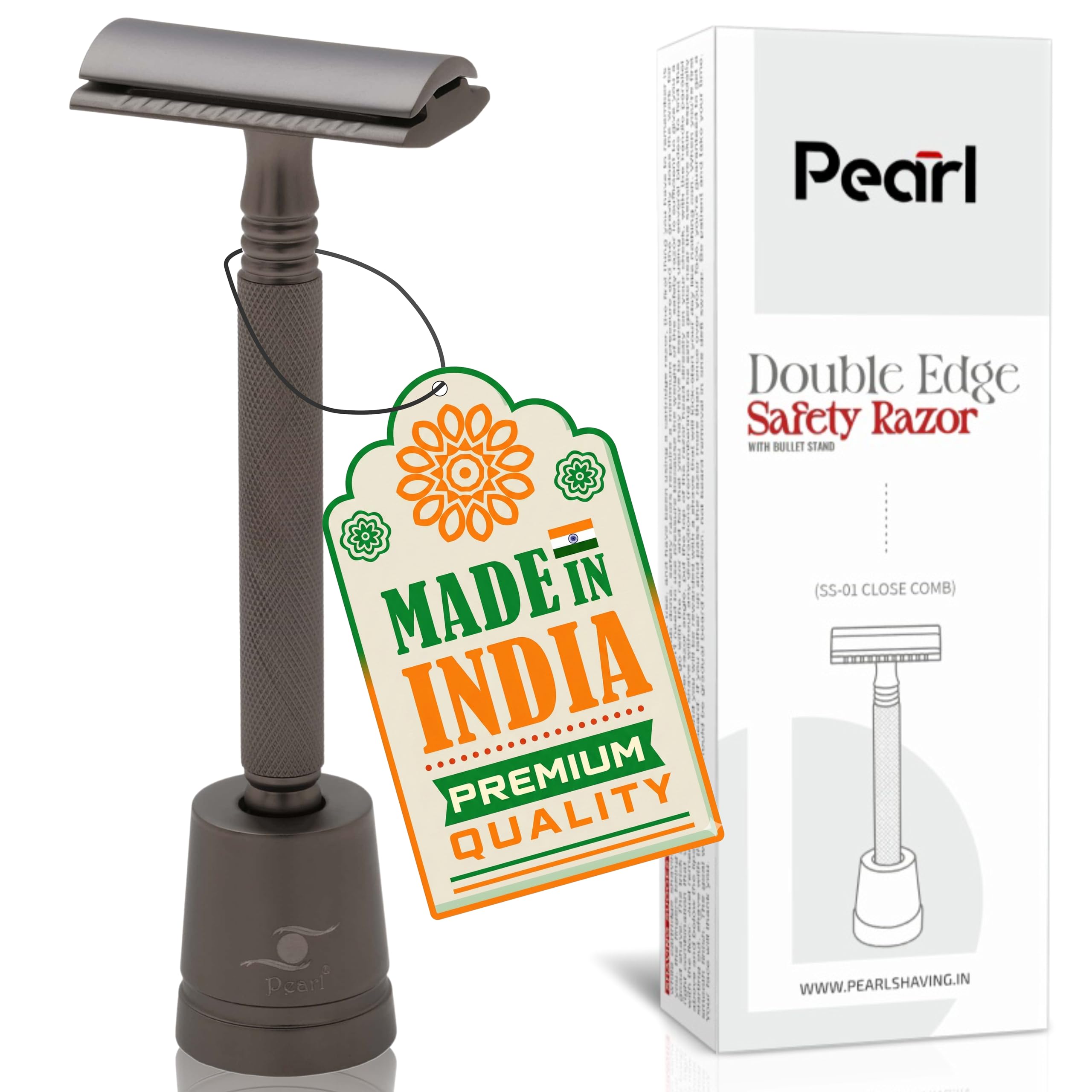 Безопасная бритва Pearl Double Edge SS-01 с подставкой, цвет Графитовый Черный. Вариант подарка на Ракшабандхан
