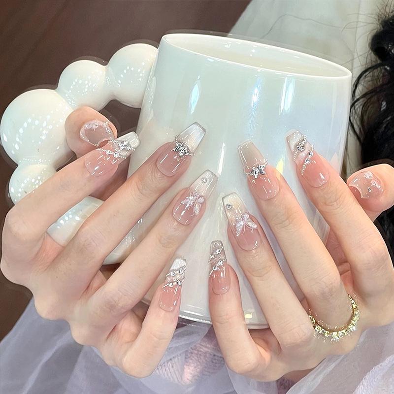Hand-worn Nail Piece Whitening Three-dimensional Sweet Gradual Change Bow Nail Wear Fake Nails