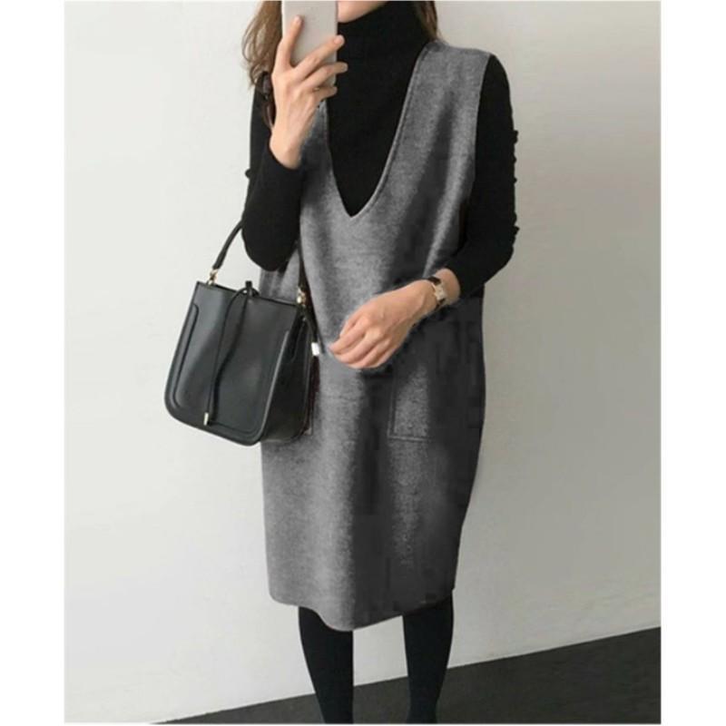 Women's Autumn and Winter Solid Color Loose Vest Skirt Solid Color V-Neck Elegant Commuter Pullover Dresses