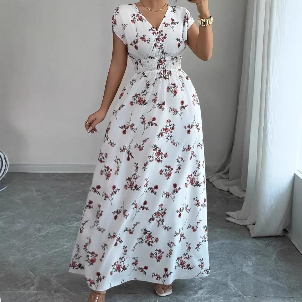 Nuevo Vestido Largo Estampado de Verano con Cuello en V y Manga Corta con Lazo para Mujer Cintura Ajustada