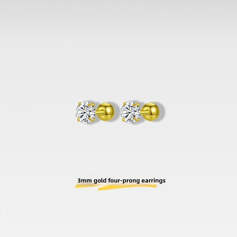 Golden Four-claw Zircon Ear Studs - No Need To Remove The Ear Ring Screws When Sleeping; Simply Twist The Ear Canal Screws.