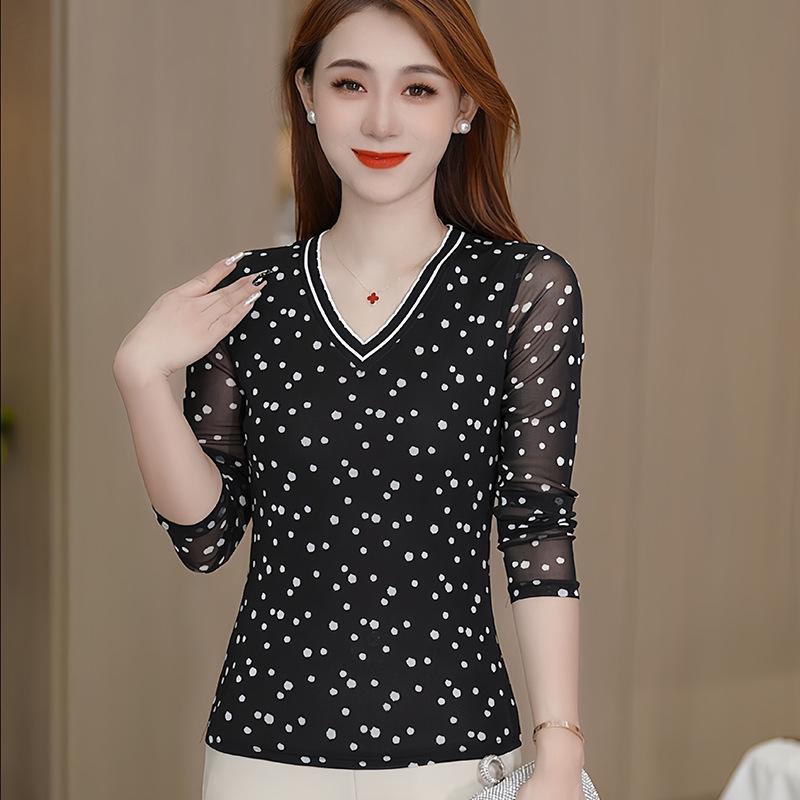 Polka Dot V-Neck Mesh Long Sleeve Pullover - Versatile Women's Fashion Top
