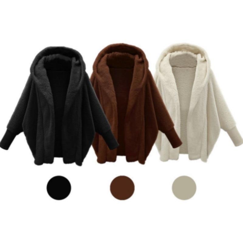 Winter Solid Long Sleeve Jackets 2026 Hooded Loose Plush Coats Large Cardigan Clothes For Women Female Bat Sleeve Clothing 23973