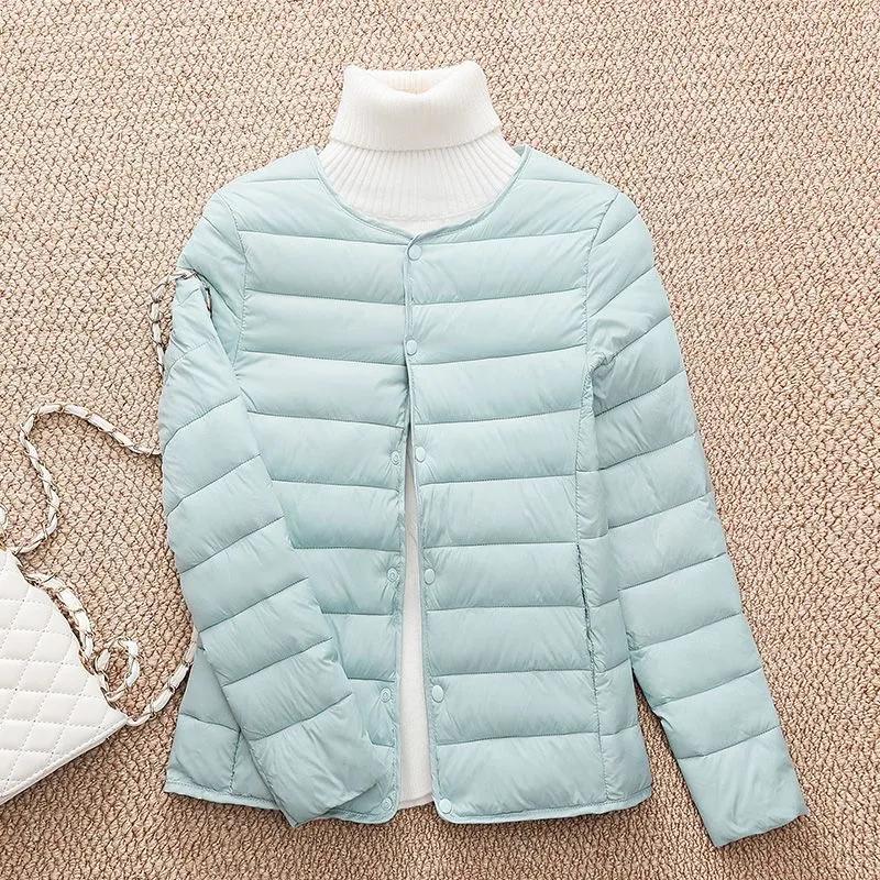 Women Warm Lightweight Puffer Jacket Autumn Winter Spring Cotton Down Padded Parkas Overcoat Collarless Round Neck Portable Female Liner