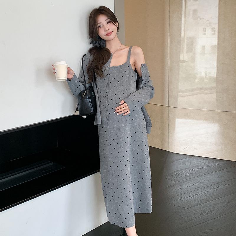 Maternity Autumn Knit Camisole Dress & Cardigan Set - Korean Style L серый