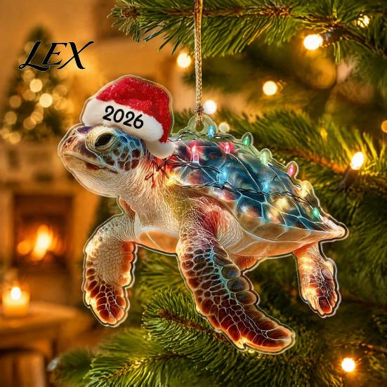 Christmas Tree Hanging Accessories Animal Ornaments with Lanyard, Cute Double Sided Pendant 2026 Acrylic Gift Tags Santa Hat, 2D Flat Sign for Holiday