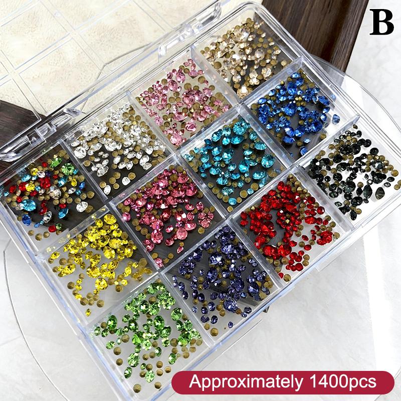 

12 Grids/Box Shimmering Crystal Colorful Nail Art Rhinestones Flatback Gemstones For DIY Nail Rhinestone Nail Jewelry Decoration