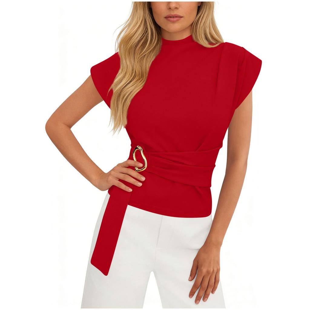 Stylish Women's High-neck Short-sleeved Fitted Top With Buttons In A  Color
