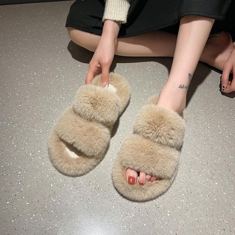 Internet Celebrity One-word Fluffy Slippers Women's Autumn 2025 New Popular Versatile Thick Bottom Heightening Plush Cotton Drag Outside Wear