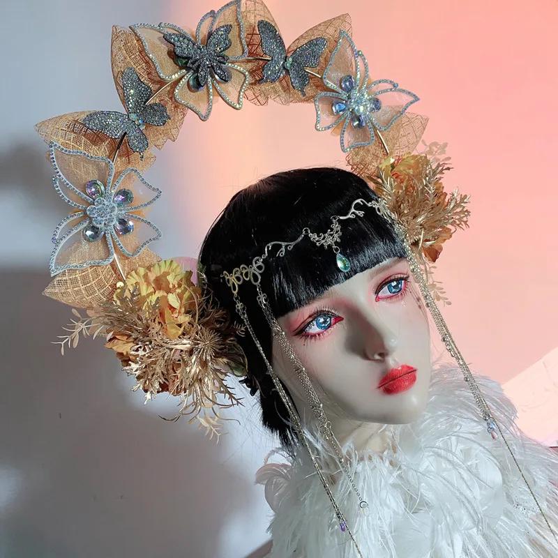 Lolita Fairy Butterfly Halo Crown Headpiece Bridal Wreaths Flowers Headband Women Girl Mermaid Princess Elf Cosplay Headdress