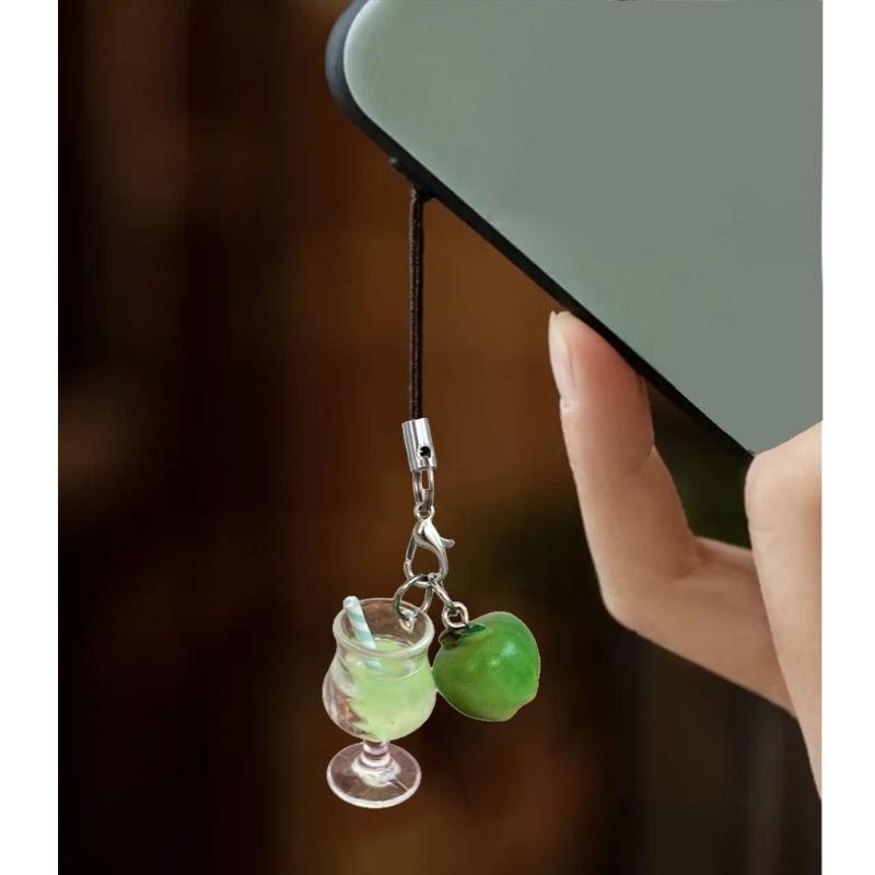 Miniature Drink Cup Keychain with Fruit Pendant Beaded Keyring Bag Accessories Gift for Women and Girls
