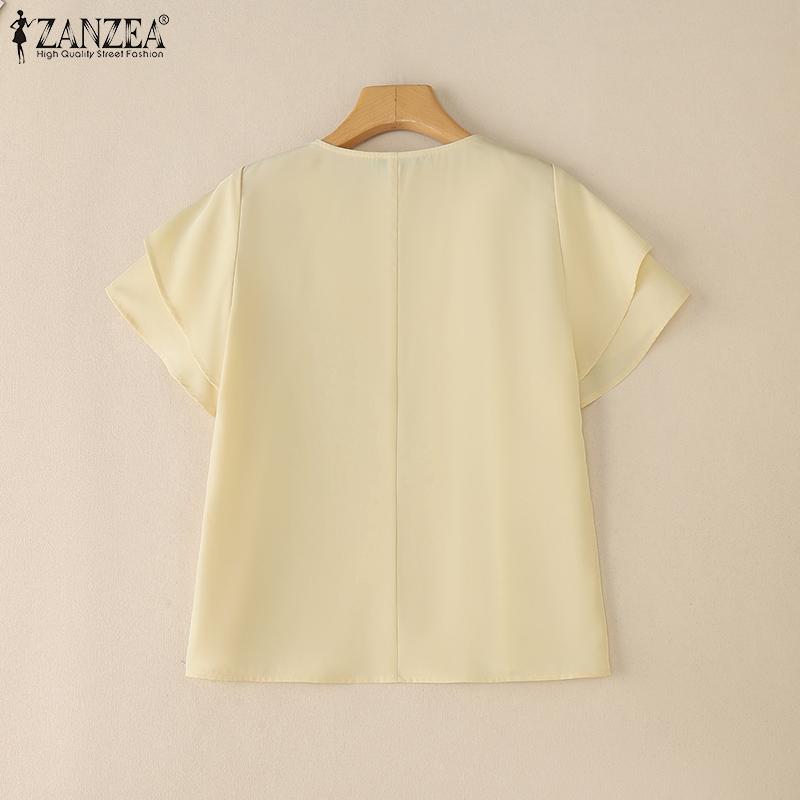 ZANZEA Bluză de vară casual pentru femei cu gât în V, volane și mâneci scurte