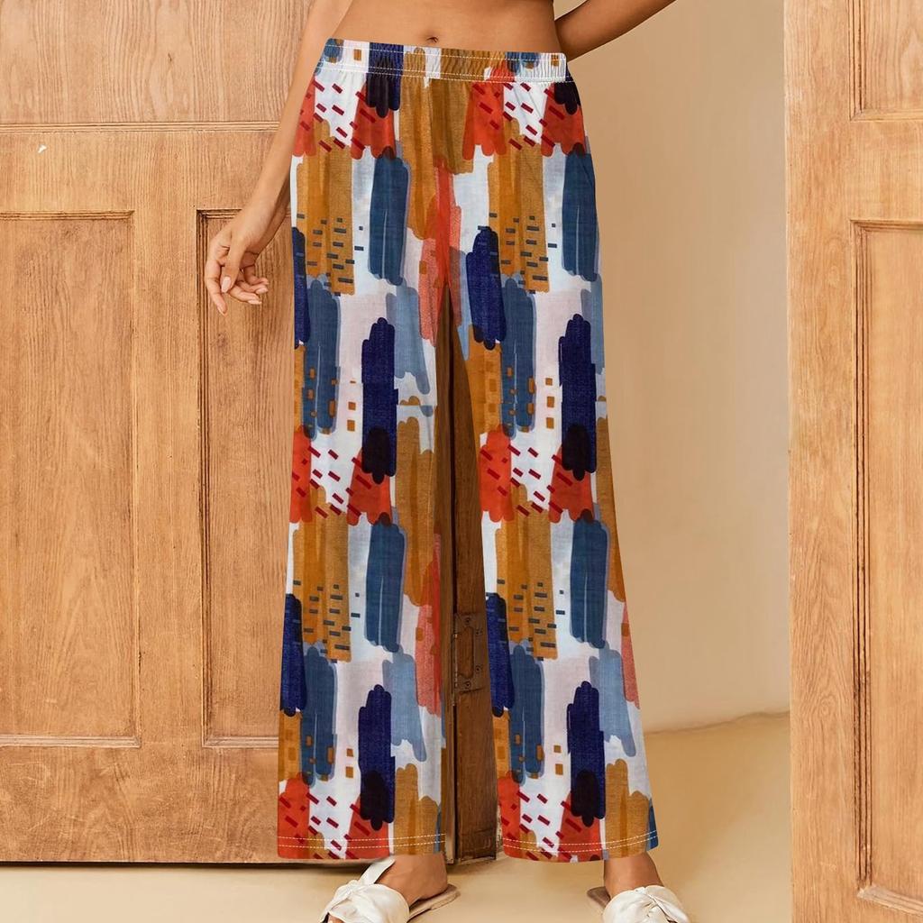 Bedruckte, lässige Hose mit elastischer Taille für Damen, bequeme, gerade, lockere Röhrenhose