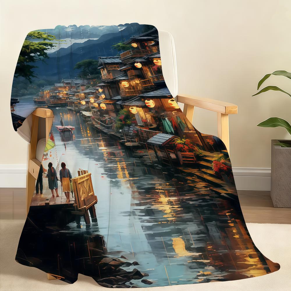 Asian city night scene illustration Blanket For Soft Throw Blanket for Picnic Bed Sofa Home Bedroom Cozy Warm Comfortable