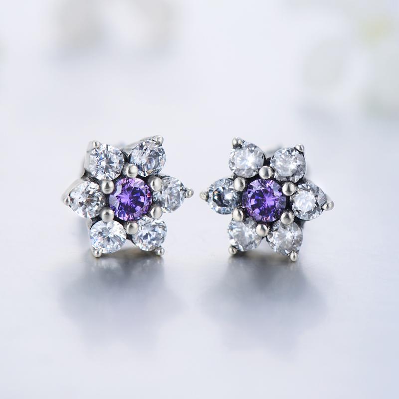 Modian 925 Sterling Silver Flower Purple Crystal Stud Earrings Fashion CZ for Women Wedding Jewelry Gift