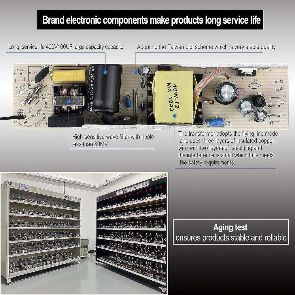 LED Driver 40W 24V, Waterproof IP67 24V Power Supply, LED Transformer 90V-265V AC to 24V DC, LED Power Supply with 3-Prong Plug 3.3 Feet Cable for