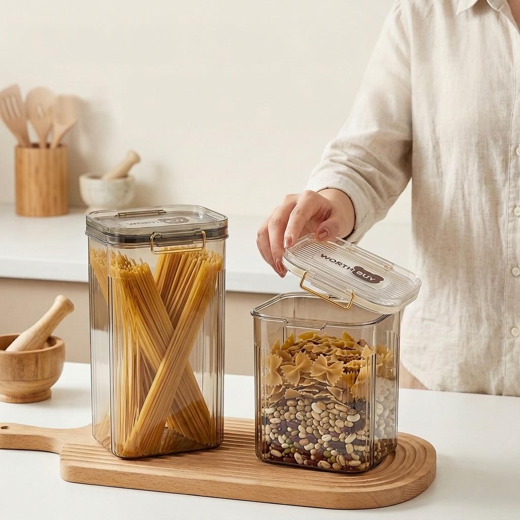 Airtight Food Storage Containers Clear PET Plastic Kitchen Pantry Organizer Stackable Leakproof Jars with Lids for Cereal Fridge