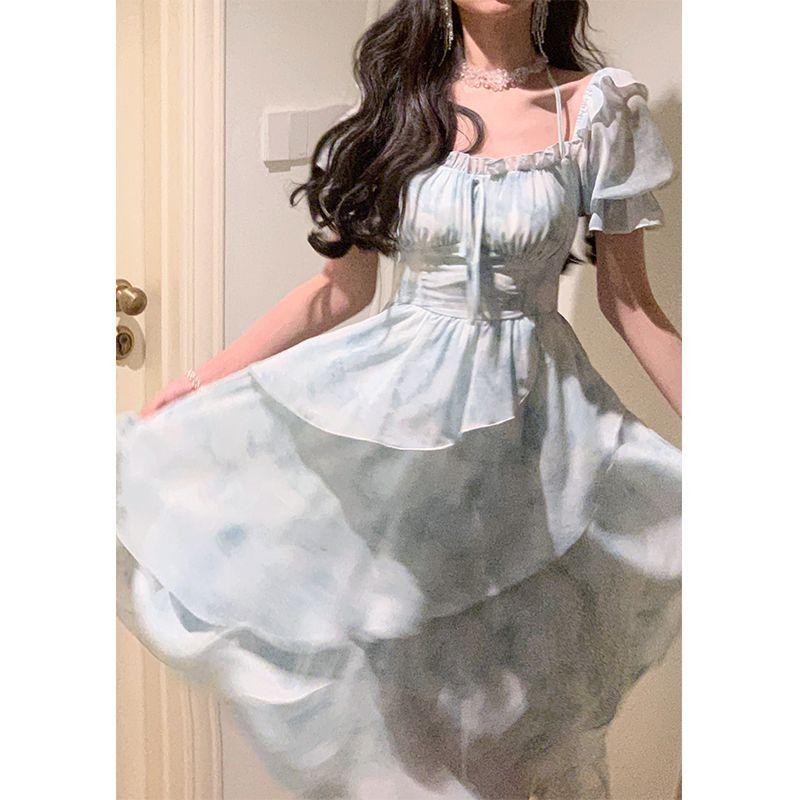 Irregular Chiffon Dress Summer New Design Feeling Fairy Waist Cinching Slimming Floral Dress