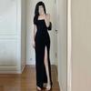 Mature Spicy Girl Black Spaghetti Strap Maxi Dress with Slit – Slimming, Hip-Hugging, Dominant Style