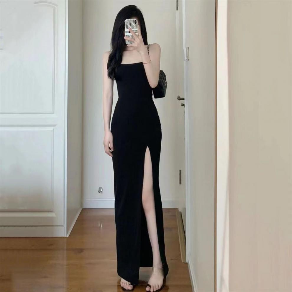

2026 Summer Women s High-End Black Bodycon Dress with Spaghetti Straps and Split Hem Extra Large чёрный