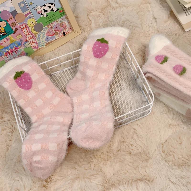 1/3 Pairs Ladies' Socks Pack Autumn Winter Thickened Warm Plush Floor Socks Pink Cartoon Cute Kawaii Sweet Mid Tube Socks Girl