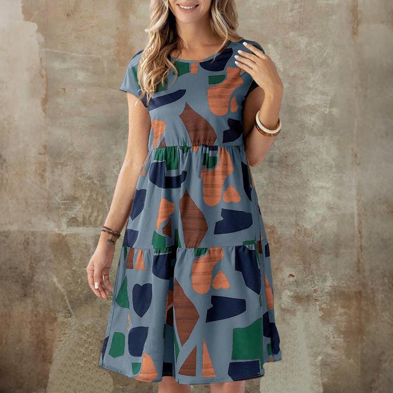 Women Summer Short Sleeve Round Collar Color Block Printed One Piece Dress