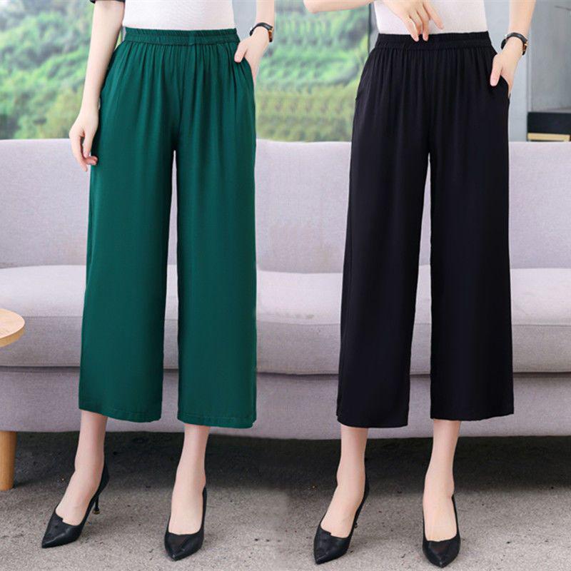 2026 Summer Solid Color Loose Straight Cropped Cotton Silk Pants for Middle-Aged and Elderly Women