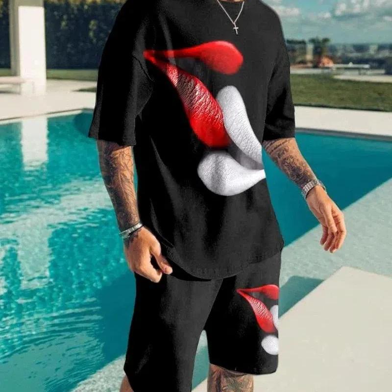 Vintage Print Men Set Suit Harajuku 3D Men Luxury 2 Piece Oversized Sweatshirt O-neck Tshirt Beach Shorts Outfits Men Clothing