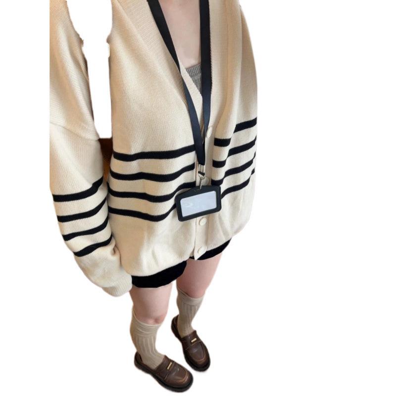 Retro Preppy Striped Cardigan Sweater - Petite Women's Knitwear for Early Autumn