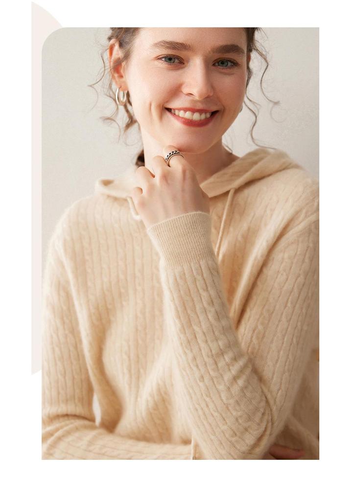 2025 Women's Thickened Cashmere Cable Knit Hoodie - Age-Reducing Loose Fit Pullover Sweatshirt