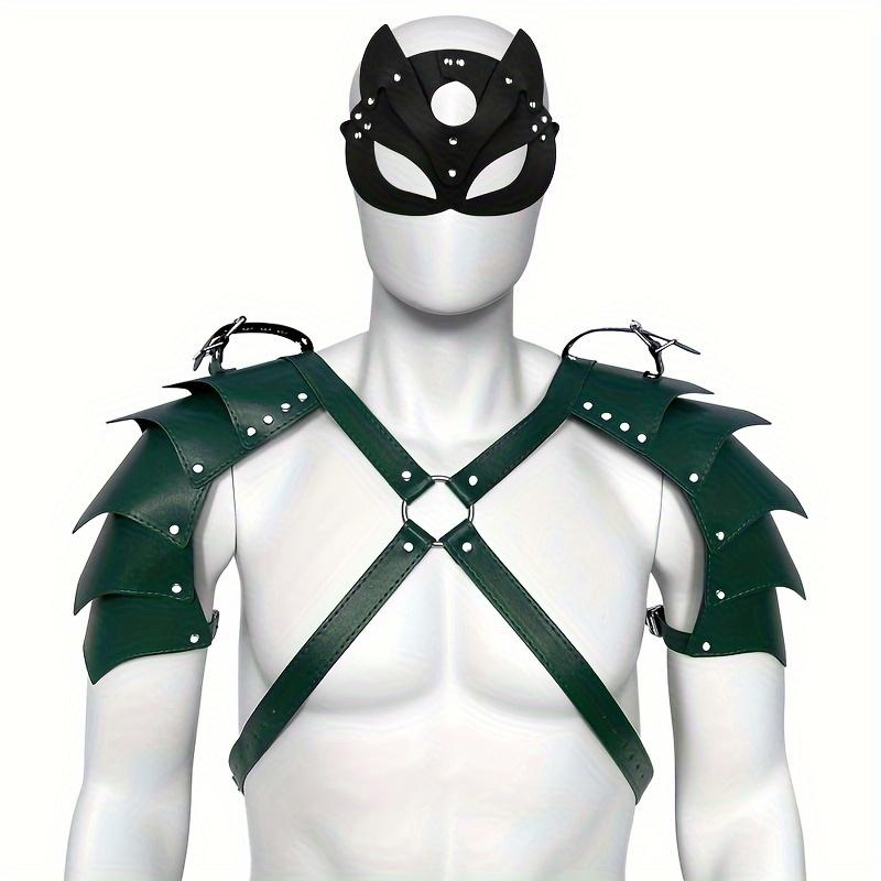 2-teiliges Set Erotische BDSM-Lederjacke für Herren, Ganzkörpergeschirr-Tücher für Schwule, Bondage-Kleidung mit doppelter Schulterpanzerung und Maske, hübsches Bühnenauftrittsset