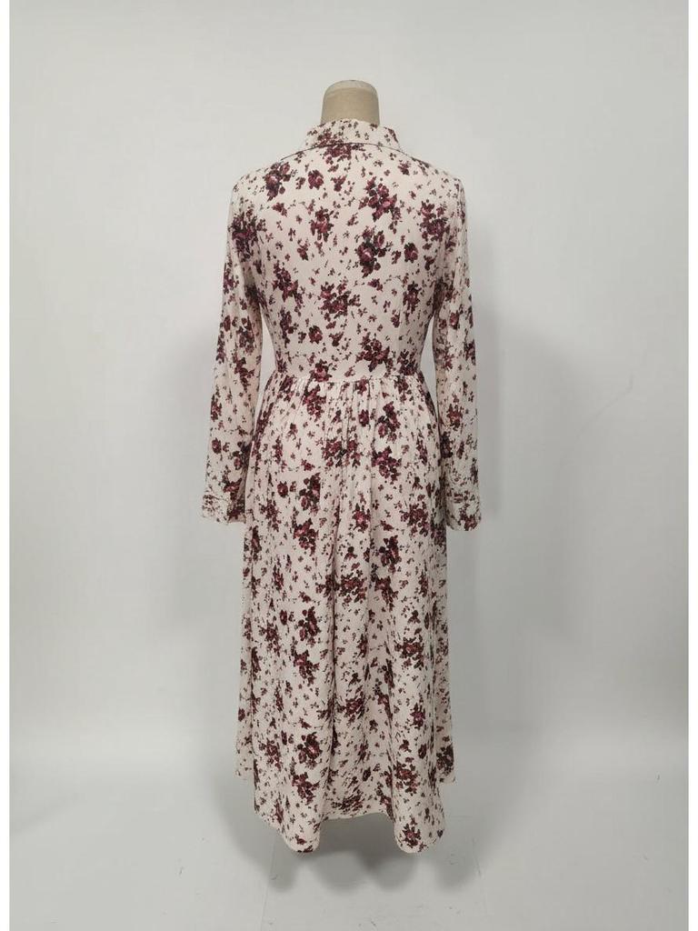 Retro Print V-Neck Waist-Cinching Long-Sleeve Women's Spring Dress 2026