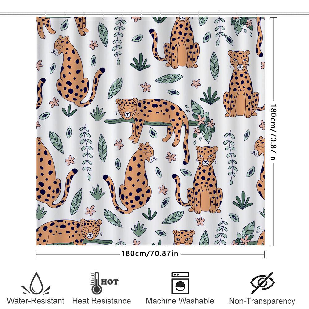 Animal Print Shower Curtain Cute Leopard Pattern For Bathroom Decor Modern White Design With Green Leaf Accents