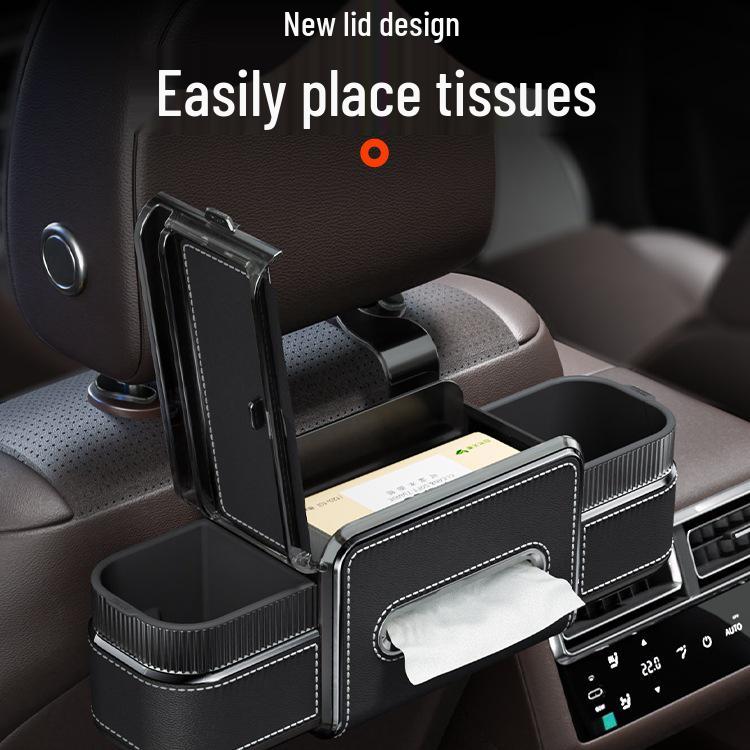 Car Rear Seat Makeup Mirror & Tissue Box Organizer with Cup Holder