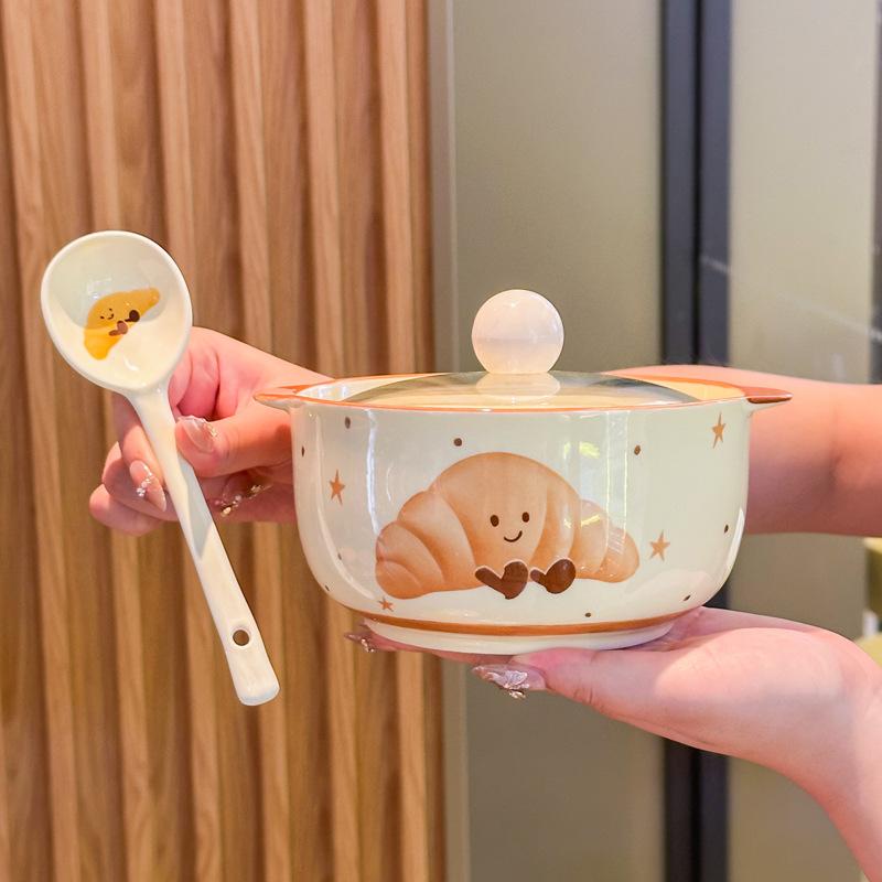Ins High-value Fruit Croissant Ceramic Instant Noodle Bowl with Lid Binaural Soup Bowl Student Dormitory Instant Noodle Bowl