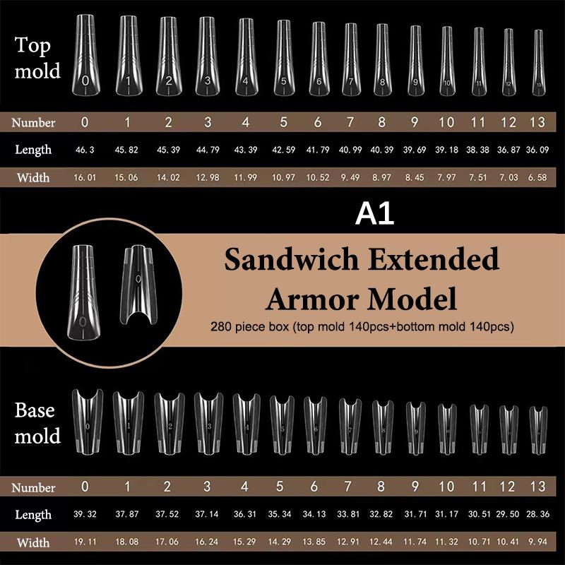 280pcs Sandwich Dual Forms Nail Extension Upper Mold Coffin Almond Acrylic Top Bottom Molds 14 Sizes Nail Forms