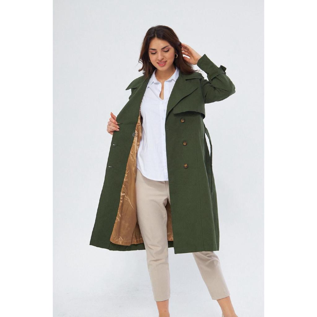 Gabardina 100% bumbac lungă (110cm) Trench pentru damă, căptușit cu curea 1111