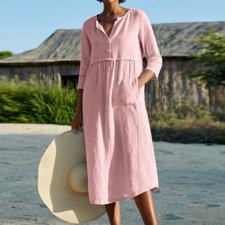 Summer Casual Cotton Linen Dress Explosion Style Loose Fit Single Breasted Regular Sleeves Womens Clothing