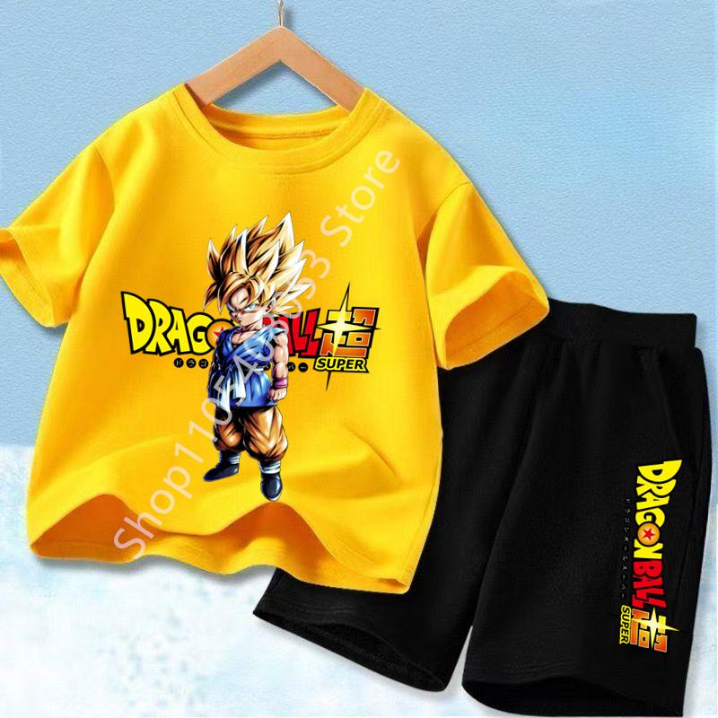 2026 Anime Cool Goku Dragon Ball Z Boys CosPlay Short Sleeve Shorts with Pocket Beach Pants Breathable T-shirt Kids Suit