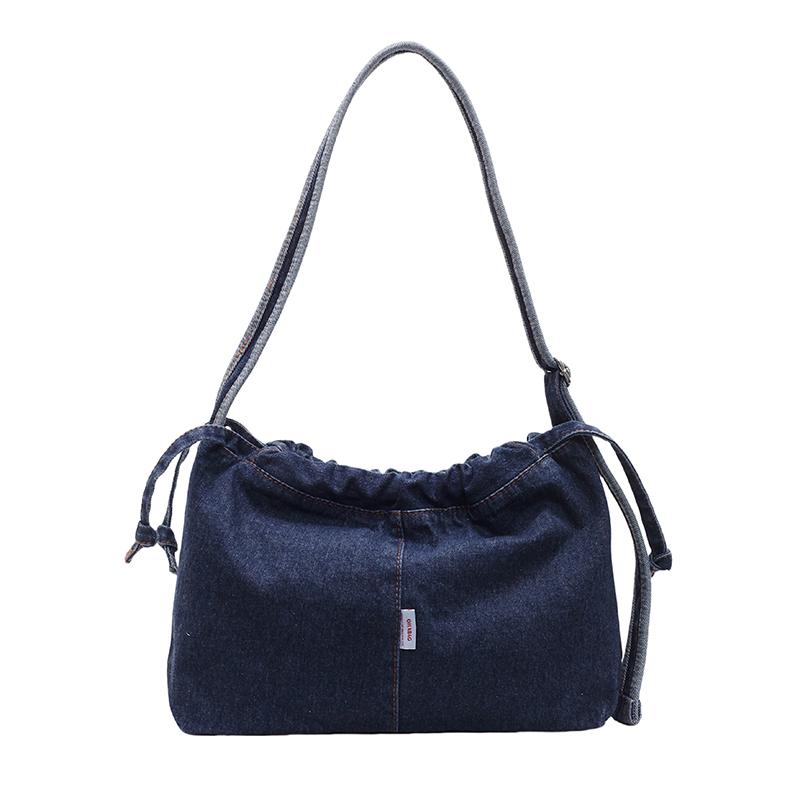 Vintage Denim Schultertasche Damen Kordelzug Bucket Bag Pendler Crossbody Bag