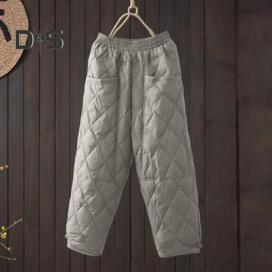 Damskie spodnie zimowe W pasie Wyściełane grube, jednokolorowe Luźne, miękkie, ciepłe kieszenie Rombowa tekstura Retro Casual Do kostek Damskie spodnie jesienne