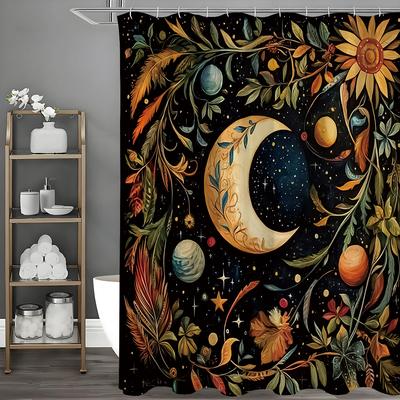 Cortina de Ducha Floral Luna Planeta Estrella, Cortina de Ducha Decorativa para Baño, Cortina de Ducha Impermeable con Ganchos