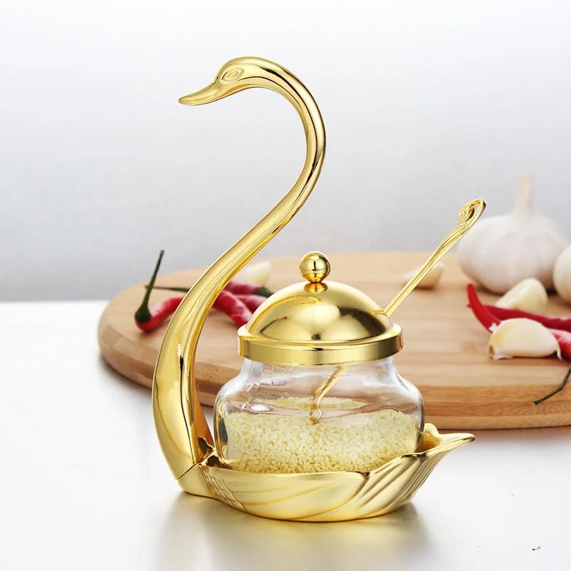 Creative Swan Aluminum Condiment Pot Set Seasoning Container Alloy Spice Glass Jar Salt Sugar Bowl Pepper Coffee Organizer