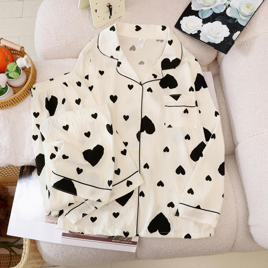 Love Heart Cloud Cotton Pajama Set: Long Sleeve, Long Pants, Turn-Down Collar Cardigan for Spring and Autumn - Multiple Styles Available