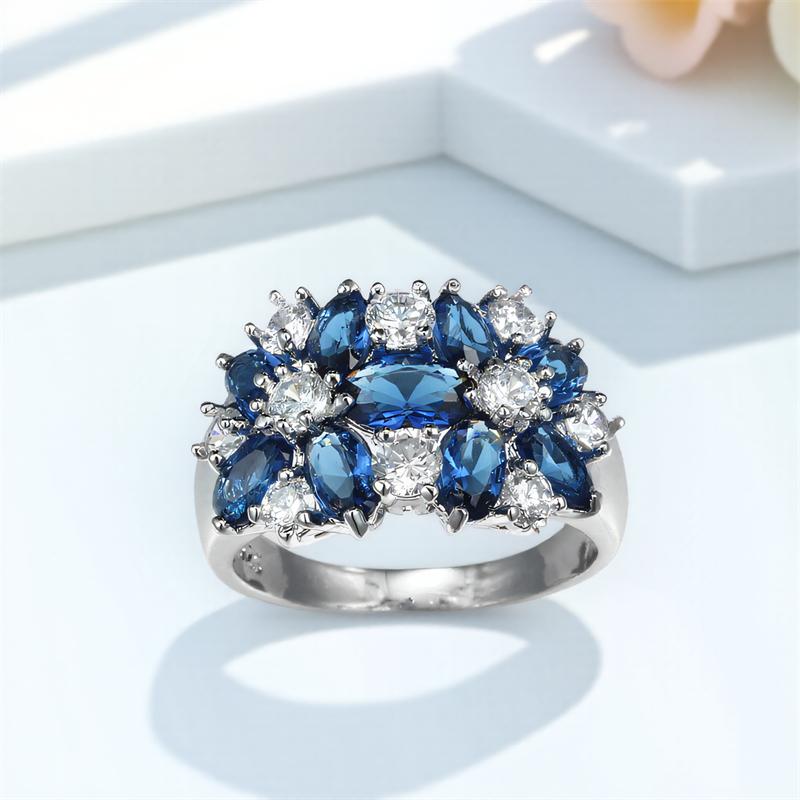 Blue Crystal White Zircon Star Flower Rings For Women CopperColor Engagement Promise Band Wedding Jewelry Valentine's Day Gifts