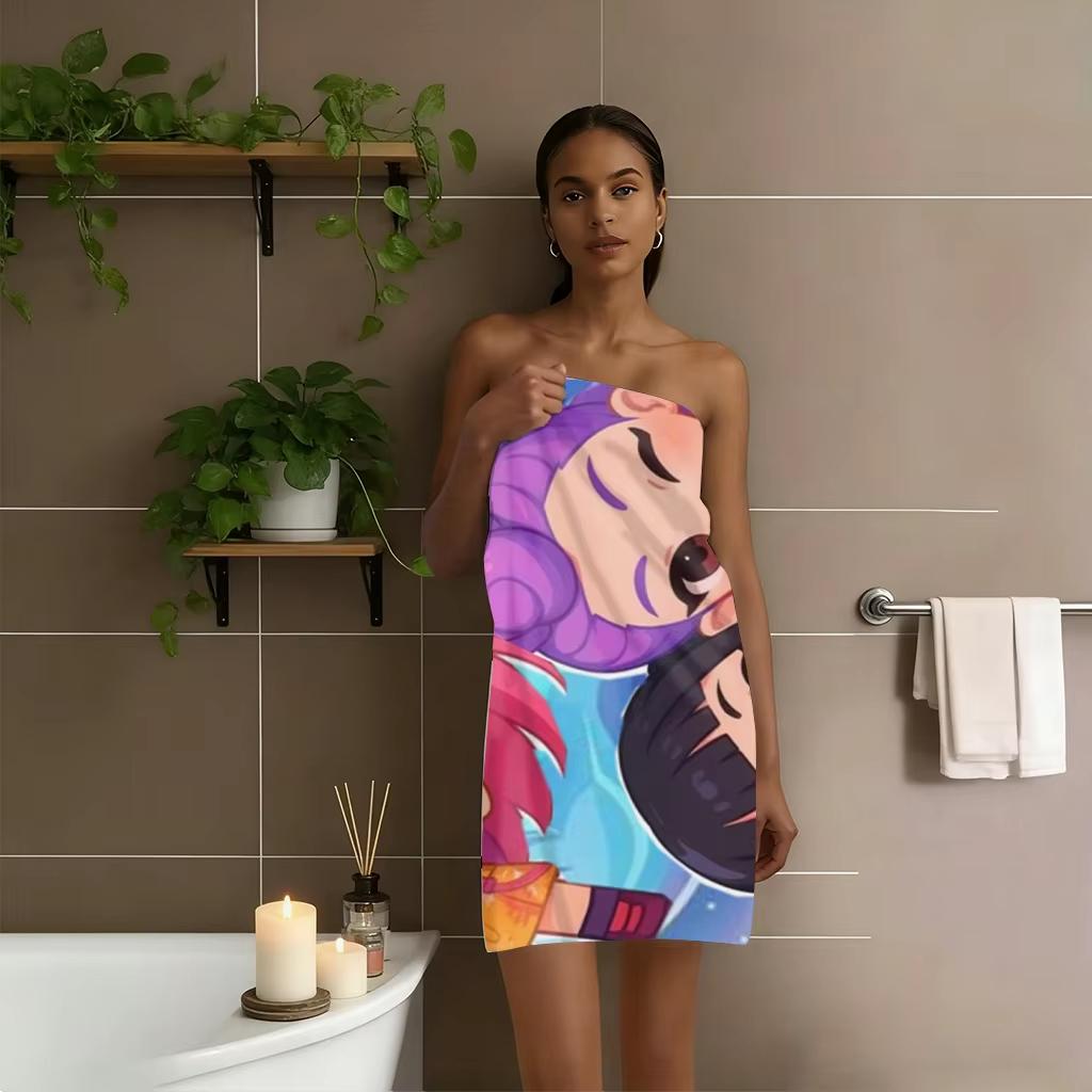 1pc Cute Chibi Girls Beach Towel, Pink Purple Cartoon Microfiber, Unisex Ideal for Swimming Surfing Camping Beach Holiday Bath